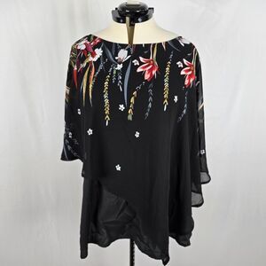 Bloomchic Blouse Women's 2X Black Floral Print Crochet Mesh Batwing Sleeve NWT